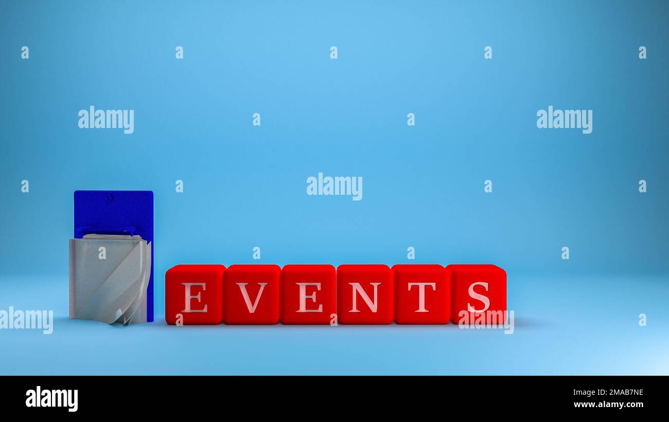 Red cubes with the word Event on a blue background 3d illustration, business and organization management and event concept Stock Photo