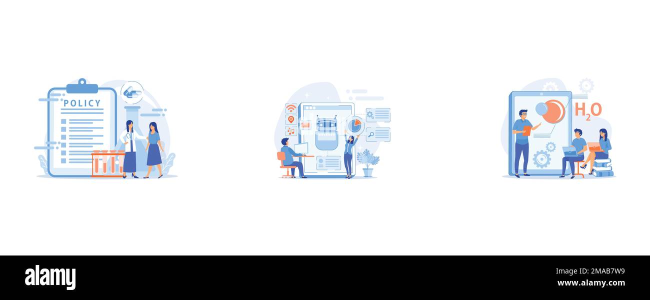 Pharmaceutical policy on clipboard and researchers, tiny people, Programmers and chatbot processing natural language, Professor teaching sudents scien Stock Vector