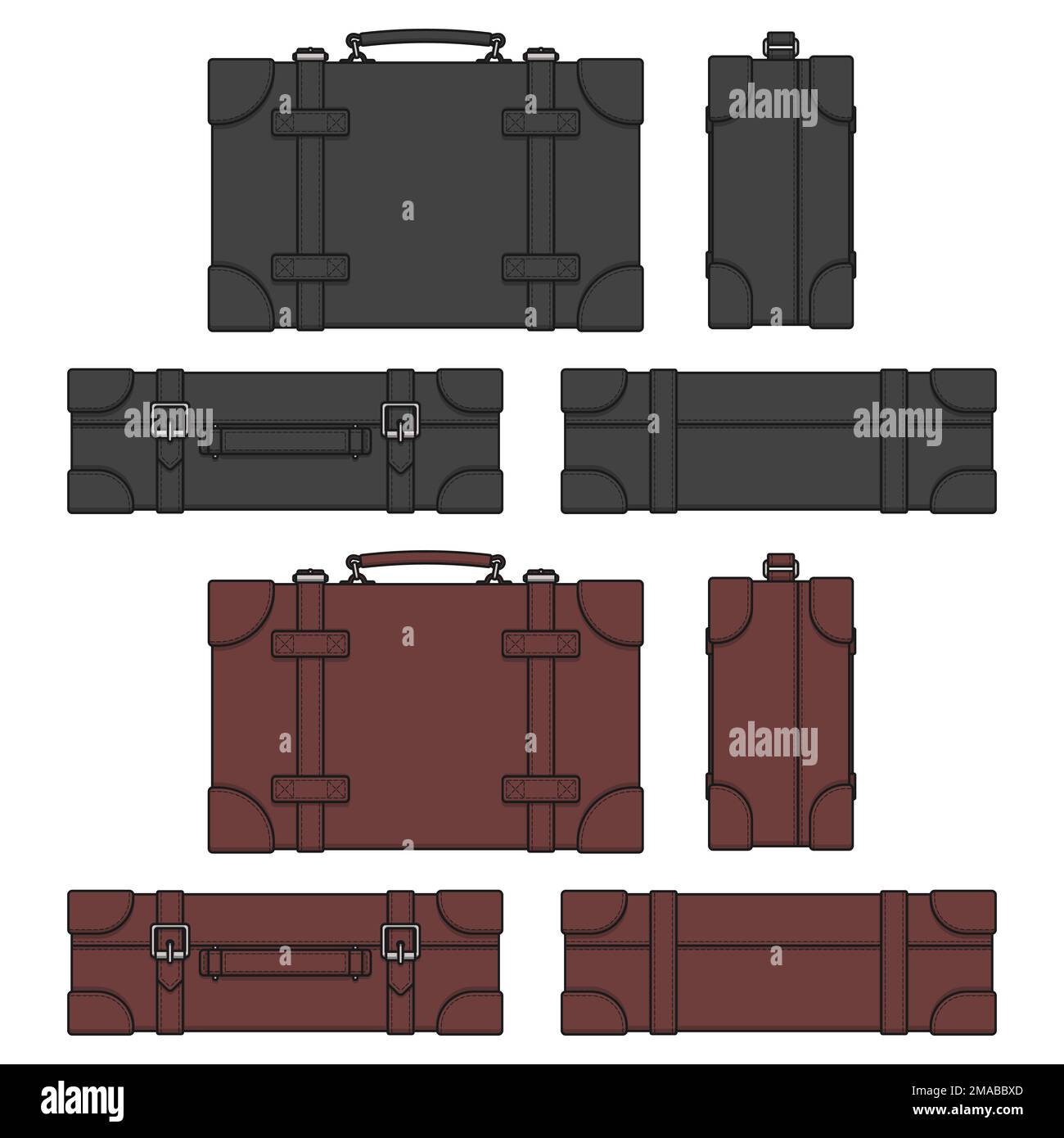 Set of color illustrations with leather retro suitcase, case. Isolated vector objects on white background. Stock Vector