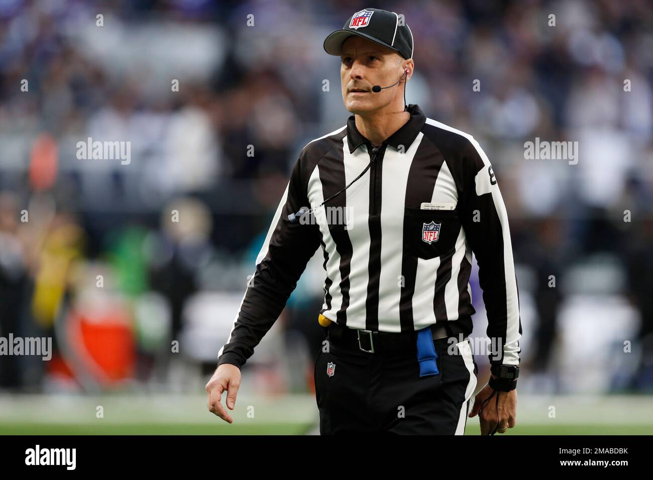 Game officials pose on the field before an NFL football game between the Minnesota  Vikings and the Chicago Bears, Sunday, Dec. 30, 2018, in Minneapolis. Shown  are replay assistant Willie Vizoso, from