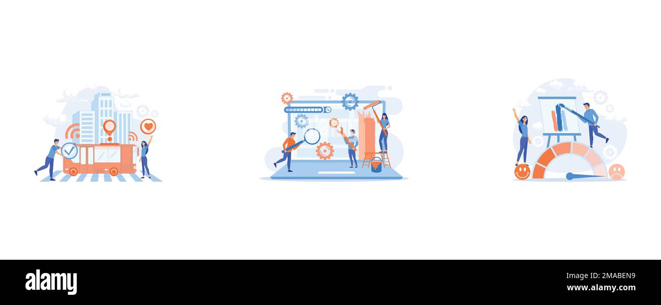 Passengers like and approve autonomos robotic driverless bus, Technical support, programming and coding, Expressing thoughts and feelings , satisfacti Stock Vector