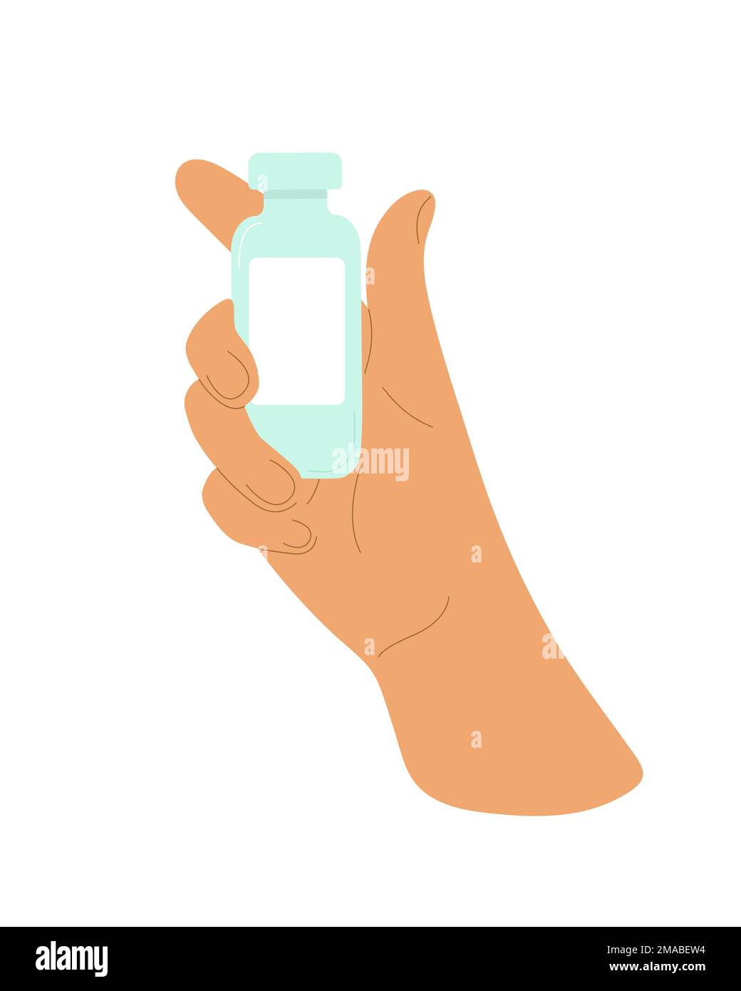 Hand holds bottle, template, mockup, jar with vitamins, pills, oil-cream-lotion for organic care, packaging. Vector illustration. Stock Vector