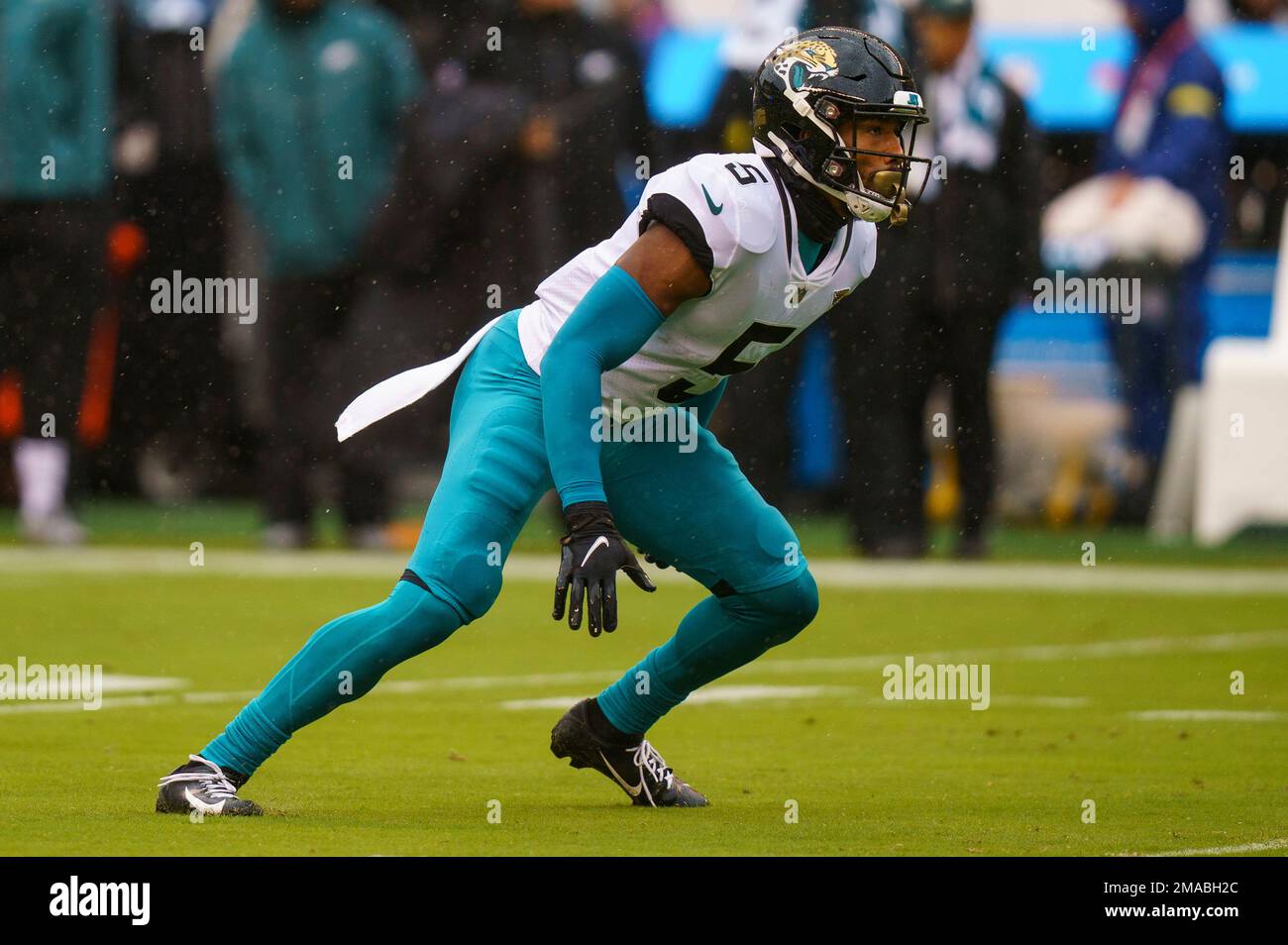 Jacksonville Jaguars safety Andre Cisco (5) at the snap during an NFL  football game against the Houston Texans on Sunday, Oct. 9, 2022, in  Jacksonville, Fla. (AP Photo/Gary McCullough Stock Photo - Alamy