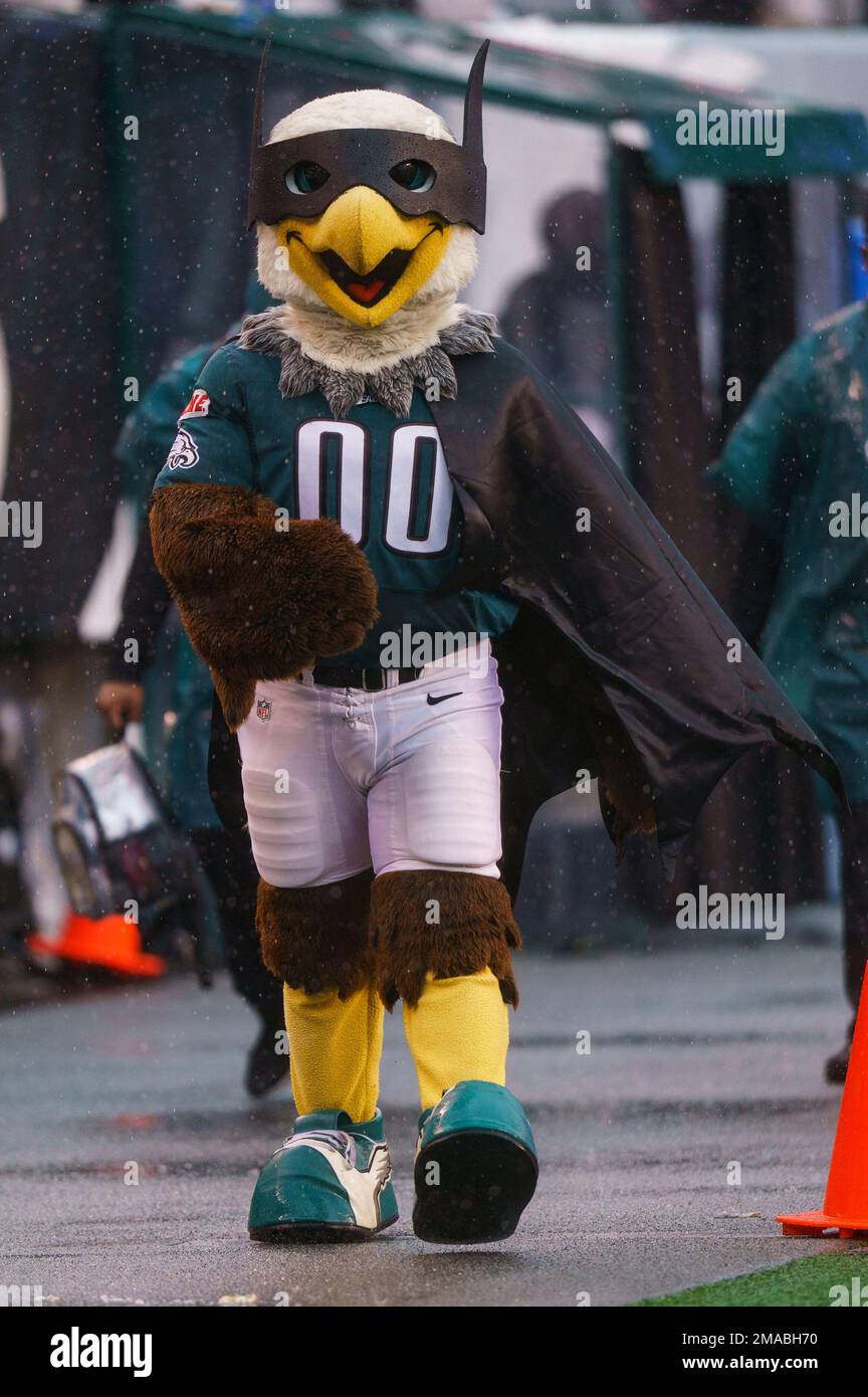 Philadelphia Eagles mascot Swoop dressed as Batman looks on during Philadelphia Eagles mascot Swoop dressed as Batman looks on during