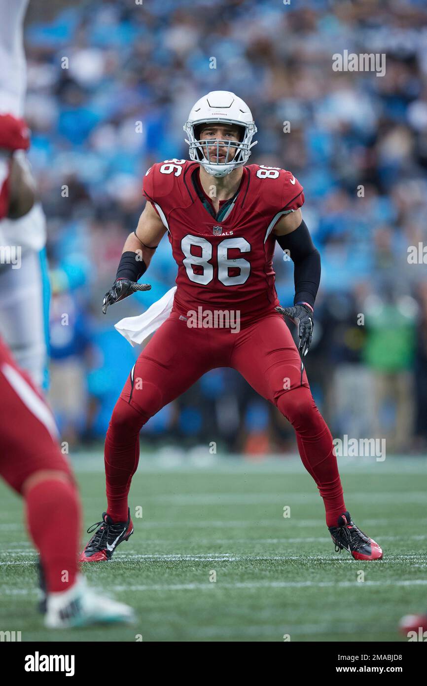 Arizona Cardinals tight end Zach Ertz (86) waits to receive a pass during  an NFL football game against the Carolina Panthers, Sunday, Oct. 2, 2022,  in Charlotte, N.C. (AP Photo/Brian Westerholt Stock