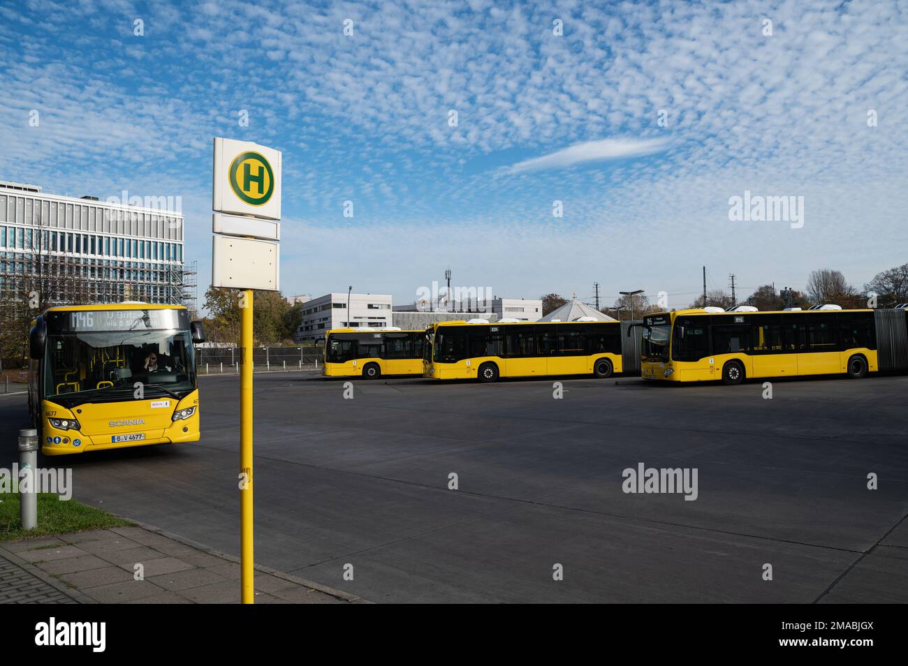 12.11.2022, Germany, , Berlin - Metrobuses of the BVG at the terminal stop and bus turnaround Hertzallee at the Zoological Garden in the district Char Stock Photo