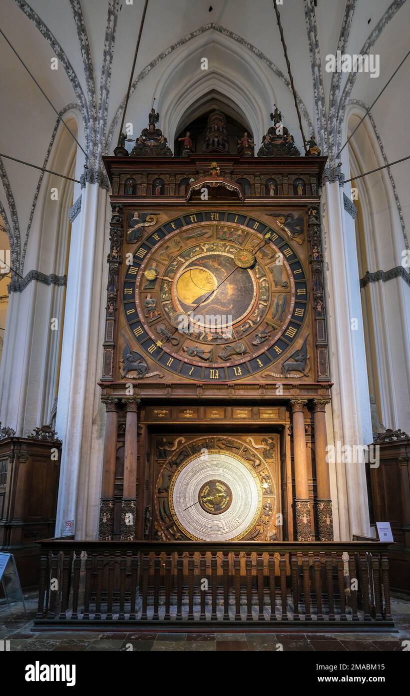 08.09.2022, Germany, Mecklenburg-Western Pomerania, Rostock - The astronomical clock in the Marienkirche, made in 1472 by the clockmaker Hans Dueringe Stock Photo