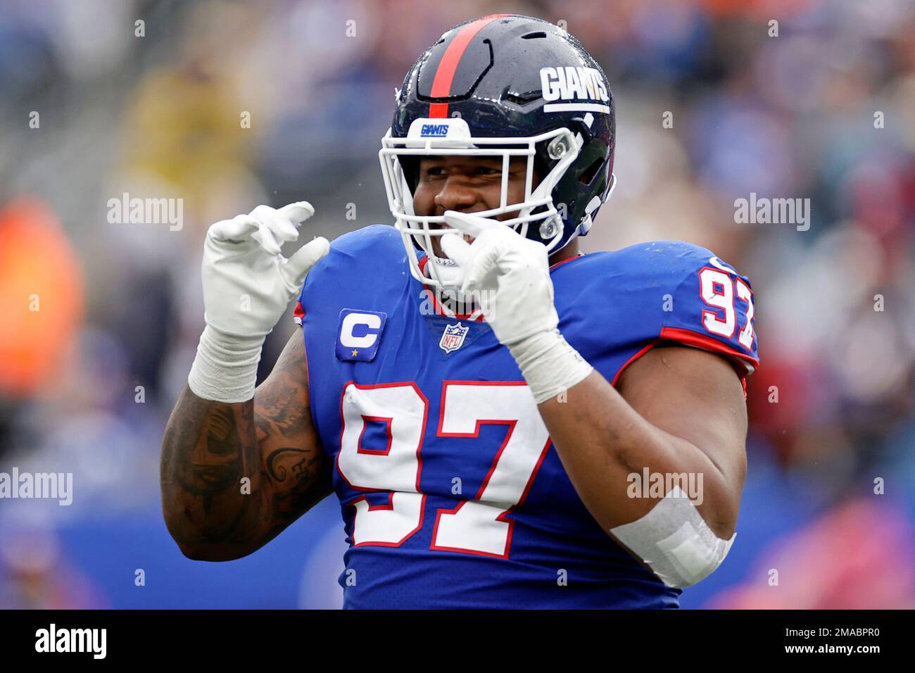 New York Giants defensive tackle Dexter Lawrence (97) during an NFL  preseason football game against the