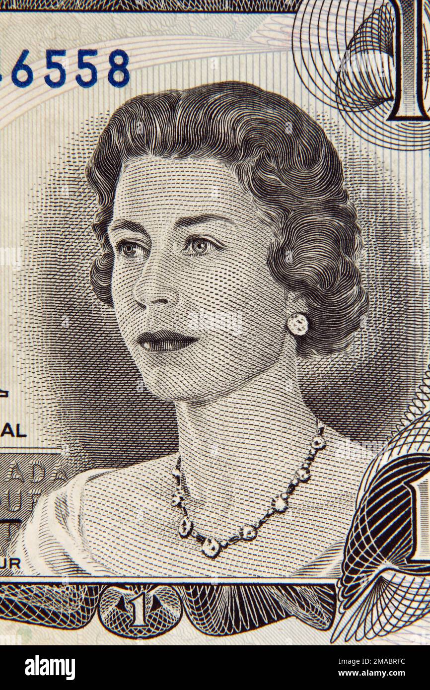 Queen Elizabeth the second portrait on the canadian banknote Stock
