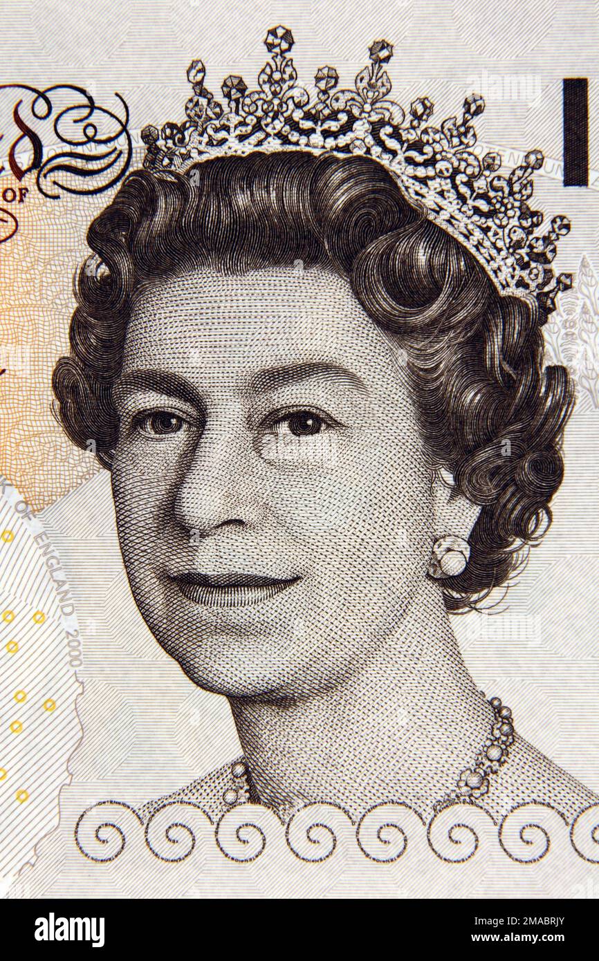 Queen Elizabeth the second portrait on the british banknote Stock Photo ...