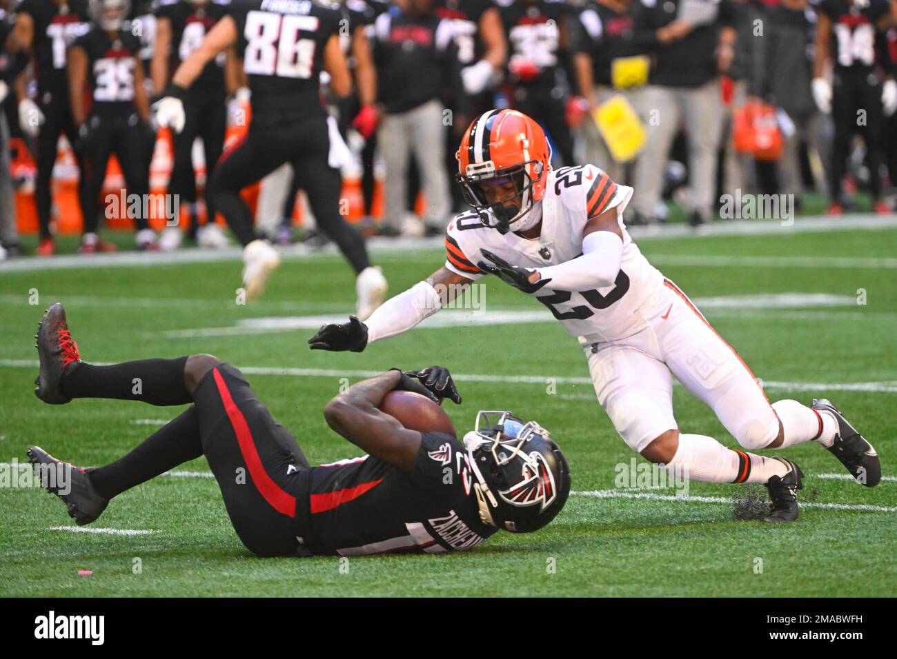 Atlanta Falcons wide receiver Olamide Zaccheaus (17) makes the catch  against Cleveland Browns cornerback Greg Newsome II (20) during the first  half of an NFL football game, Sunday, Oct. 2, 2022, in