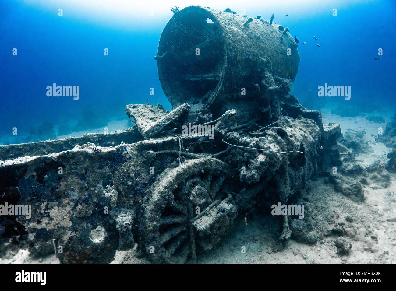 The London, Midland and Scottish Railway (LMS) Stanier Class 8F is a class of steam locomotives found near thistlegorm wreck, red Sea Egypt Stock Photo