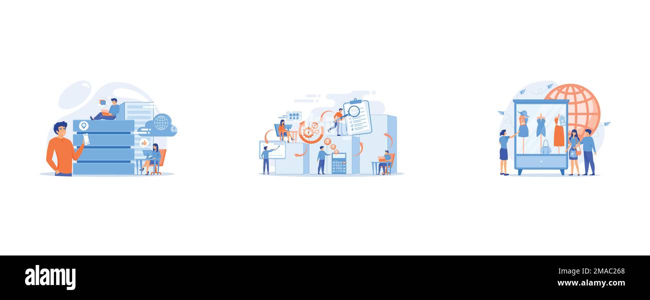 Internet users with proxy server using big data, Workforce organization and management, Recyclable and eco textile, set flat vector modern illustratio Stock Vector