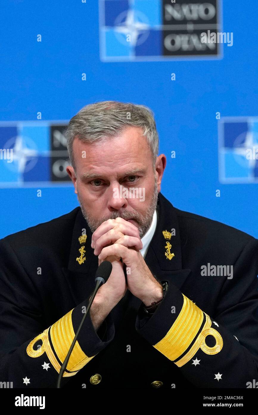 Chair of the NATO Military Committee Admiral Rob Bauer pauses before  answering a question during a media conference at NATO. Headquarters in  Brussels, Thursday, Jan. 19, 2023. NATO Military Chiefs of Defence