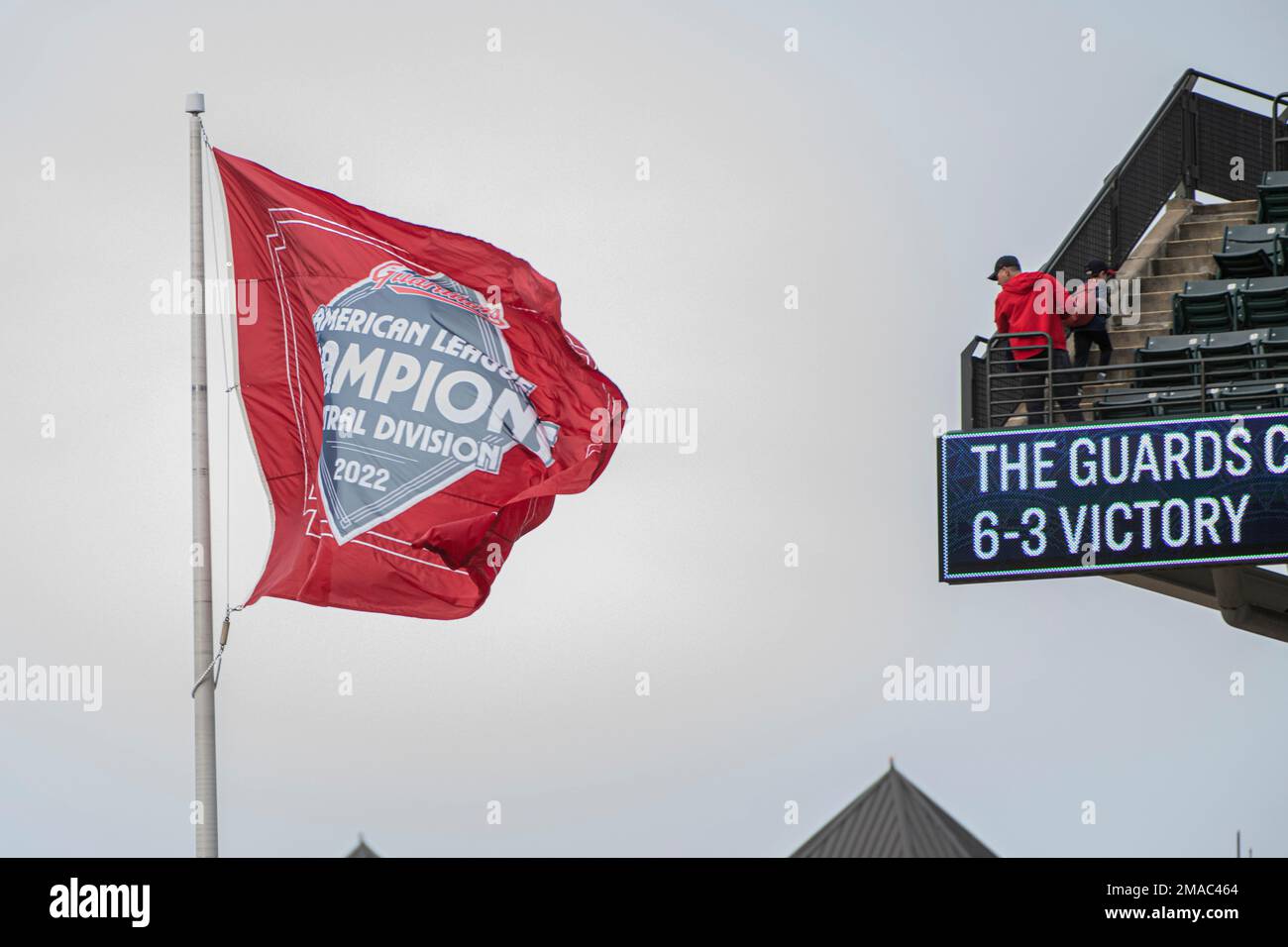 The American League Central Division Champion Cleveland Guardians raised  the championship flag at Progressive Field before a baseball game against  the Kansas City Royals in Cleveland, Saturday, Oct. 1, 2022. (AP Photo/Phil