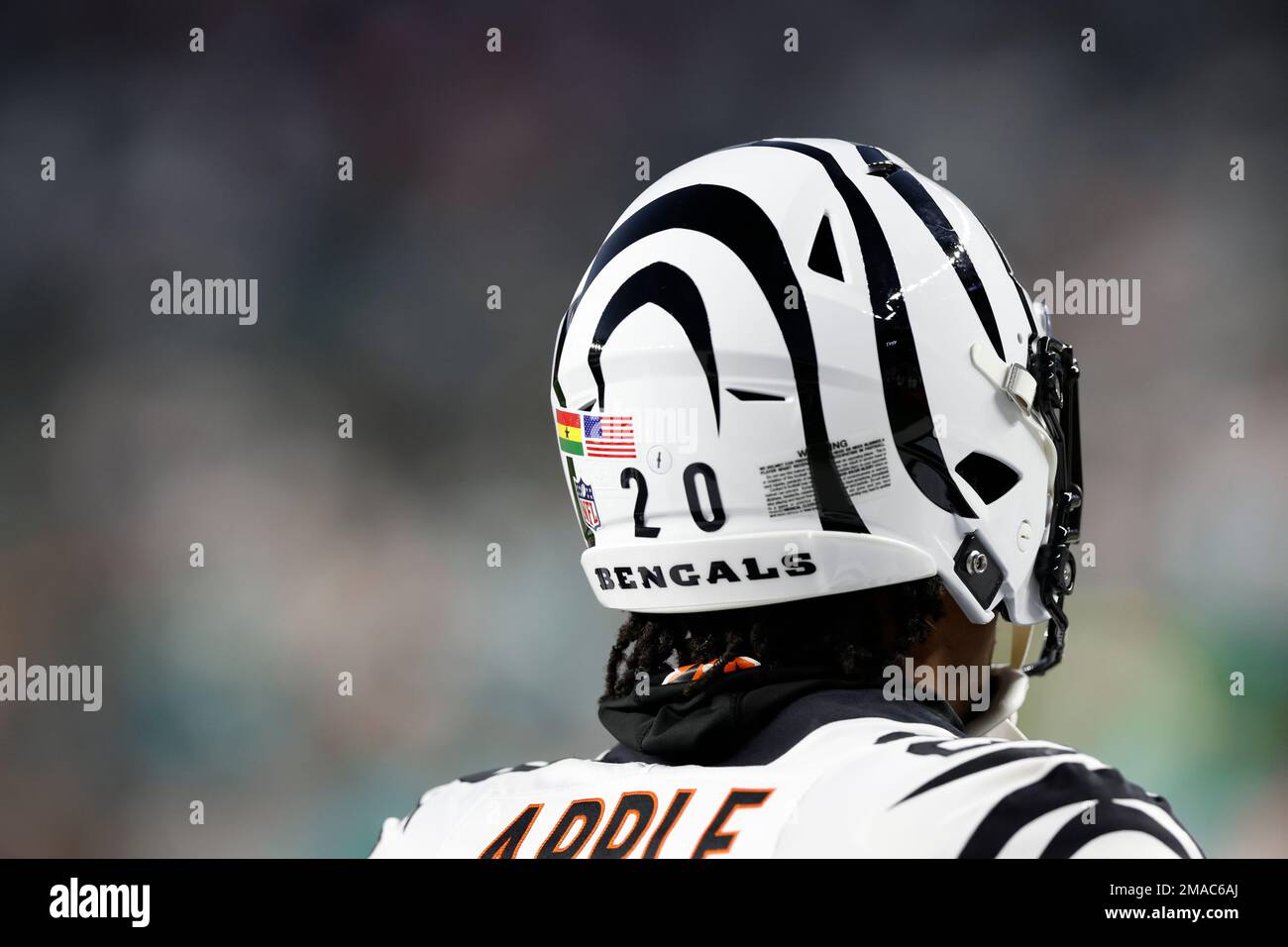 Flag decals are seen on the helmet of Cincinnati Bengals defensive