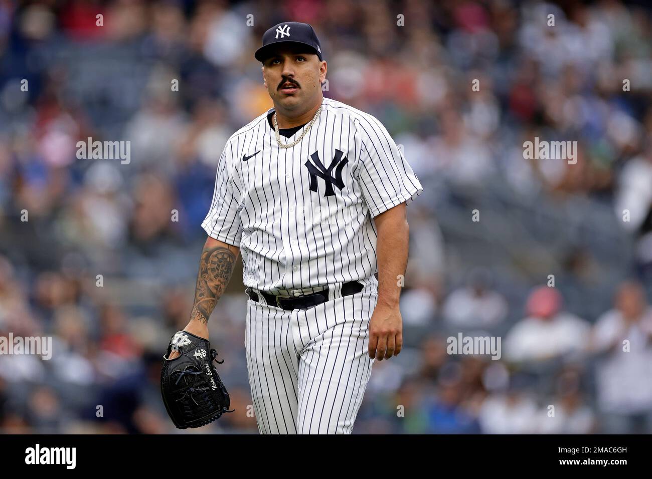 New York Yankees pitcher Nestor Cortes reacts during the first inning