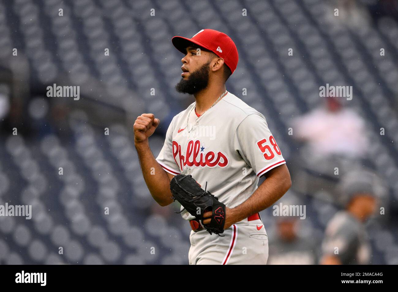 Philadelphia Phillies relief pitcher Seranthony Dominguez (58) in action  during the first baseball game of a