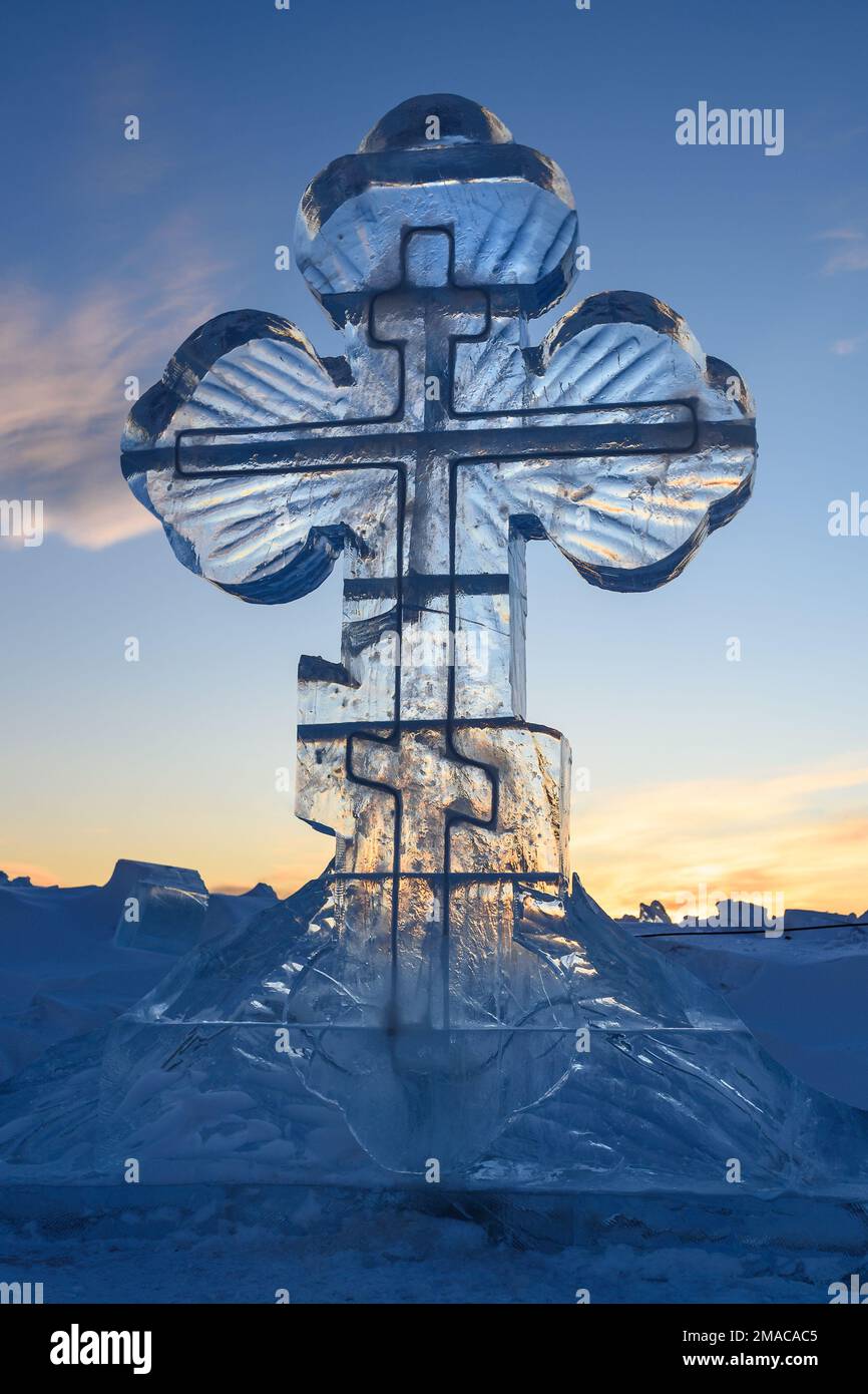 Ice cross in winter. Epiphany Orthodox holiday on a place of ice-hole swimming. Russia Stock Photo