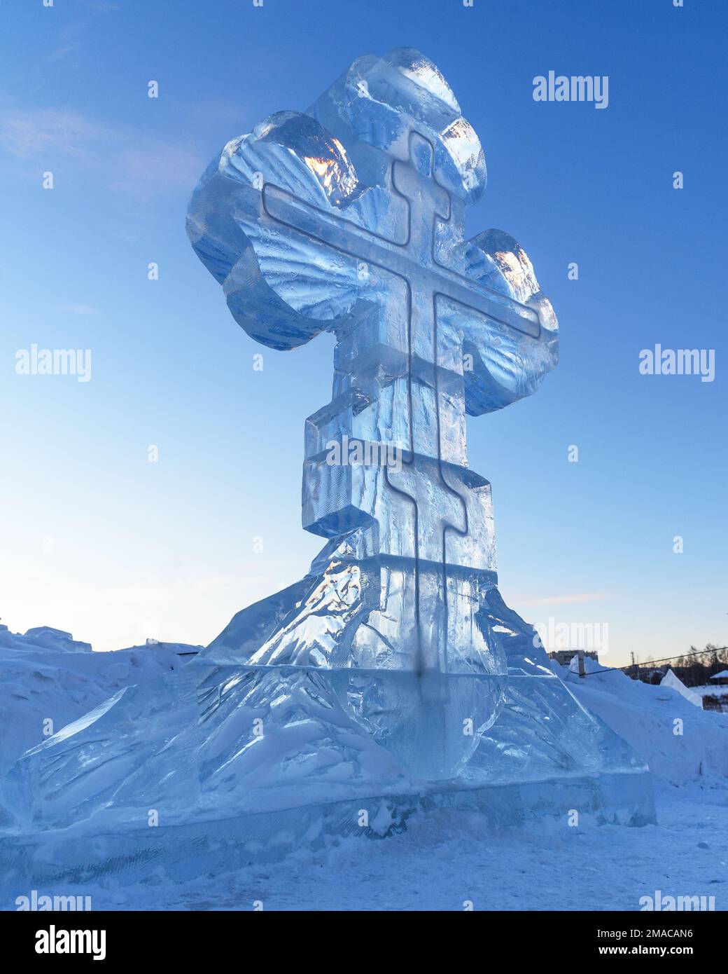 Ice cross in winter. Epiphany Orthodox holiday on a place of ice-hole swimming. Russia Stock Photo