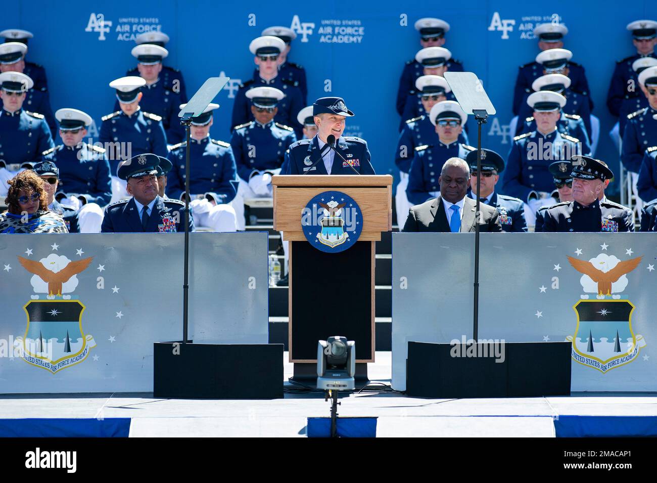 U.S. Air Force Academy -- Brigadier General Linell A. Letendre, Dean of the Faculty, presents the graduation class of 2022 during the U.S. Air Force Academy's Class of 2022 Graduation Ceremony at the Air Force Academy in Colorado Springs, Colo., May 25, 2022. Nine-hundred-seventy cadets crossed the stage to become the Air Force/Space Force’s newest second lieutenants. (U.S. Air Force photo/Joshua Armstrong) Stock Photo