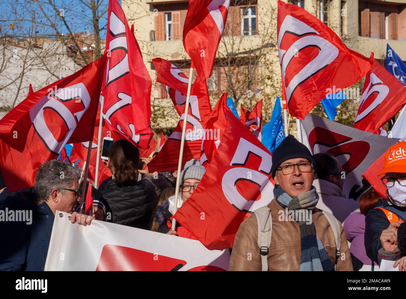 Gredab / Le Pictorium -  demonstration against the pension reform -  19/1/2023  -  France / Bouches-du-Rhone / Marseille  -  demonstration against the pension reform in Marseille called by all the unions. Stock Photo