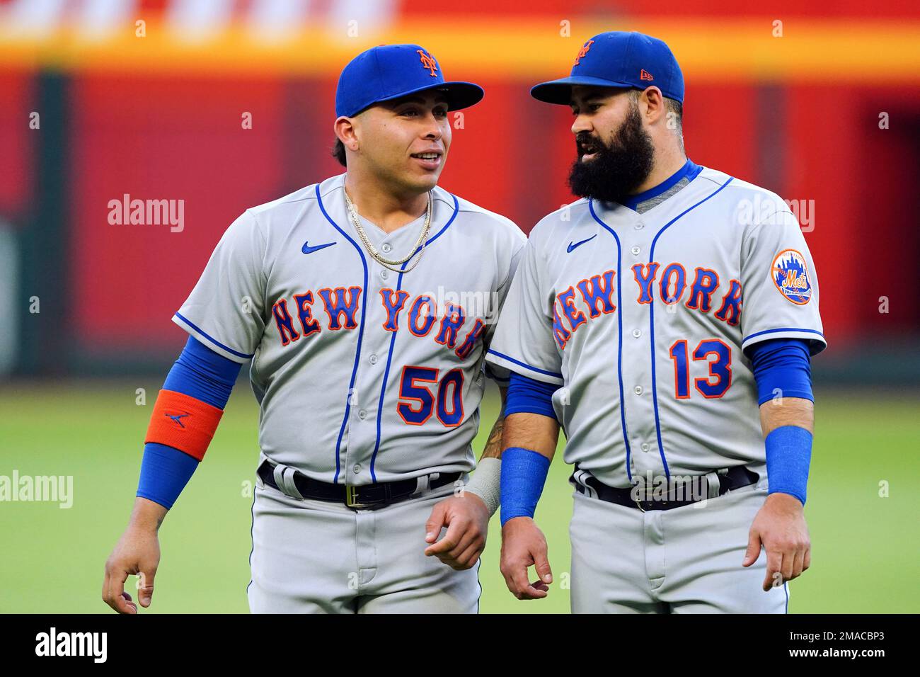 New York Mets' Francisco Alvarez (50) talks with second baseman