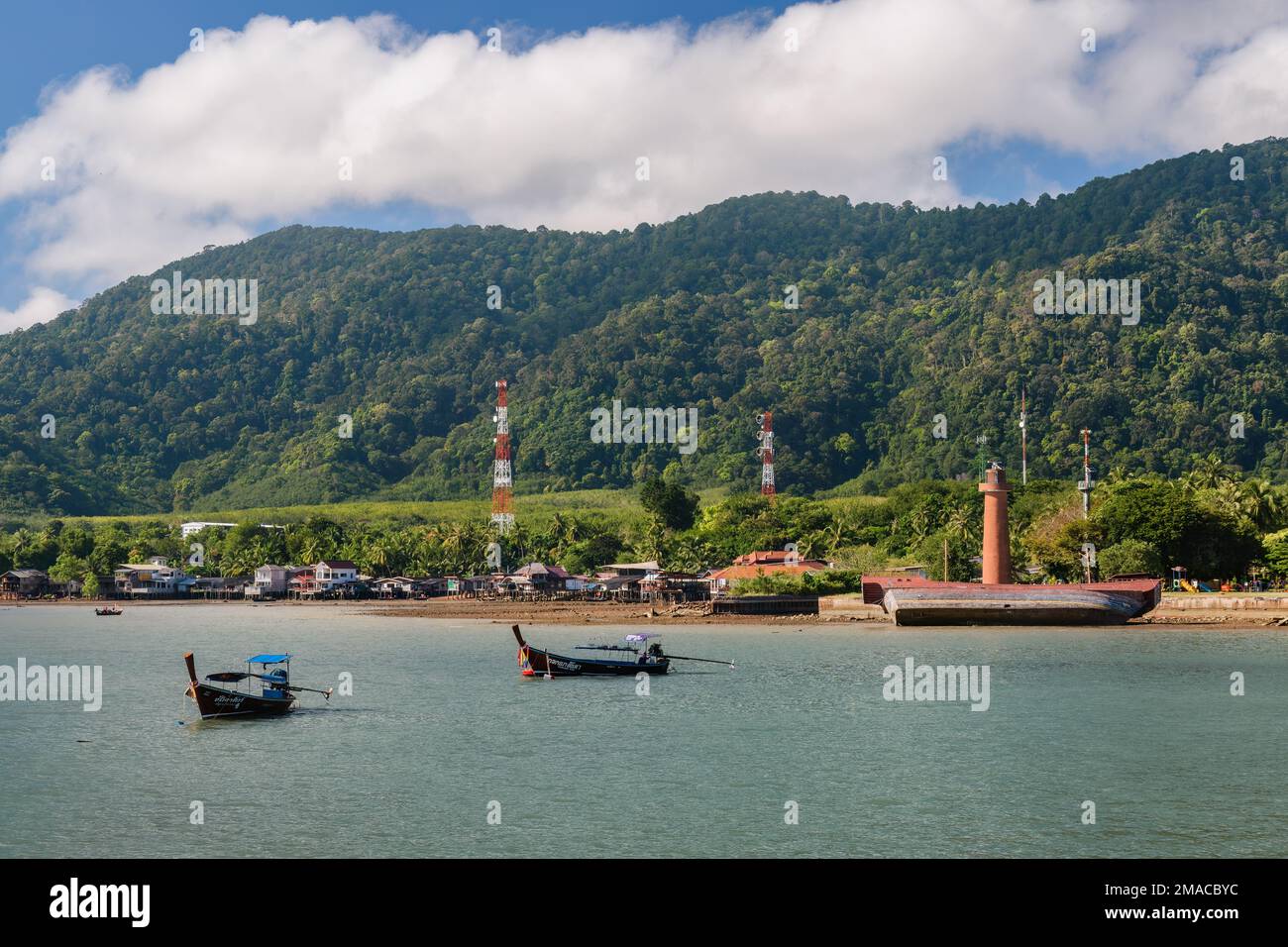 Two long-tail boats outside Koh Lanta Old Town in Ko Lanta, Krabi, Thailand. November 29, 2022. Stock Photo