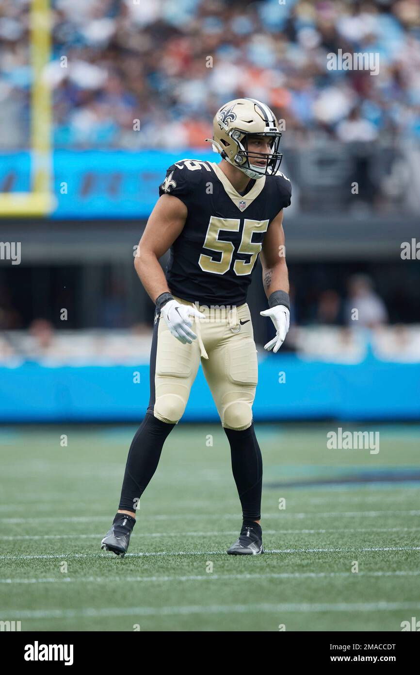 New Orleans Saints linebacker Kaden Elliss (55) lines up on defense