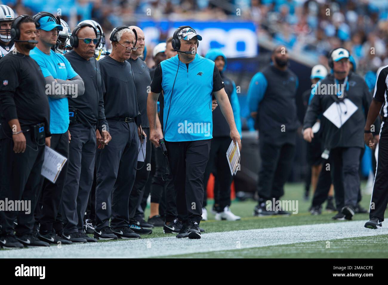 Carolina Panthers head coach Matt Rhule walks the sideline during an NFL  football game against the New Orleans Saints, Sunday, Sep. 25, 2022, in  Charlotte, N.C. (AP Photo/Brian Westerholt Stock Photo - Alamy