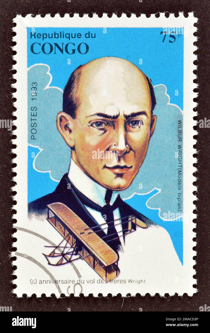 Cancelled postage stamp printed by Congo, that shows Wilbur Wright, Model B Airplane, Powered Flight, 90th Anniversary, circa 1993. Stock Photo