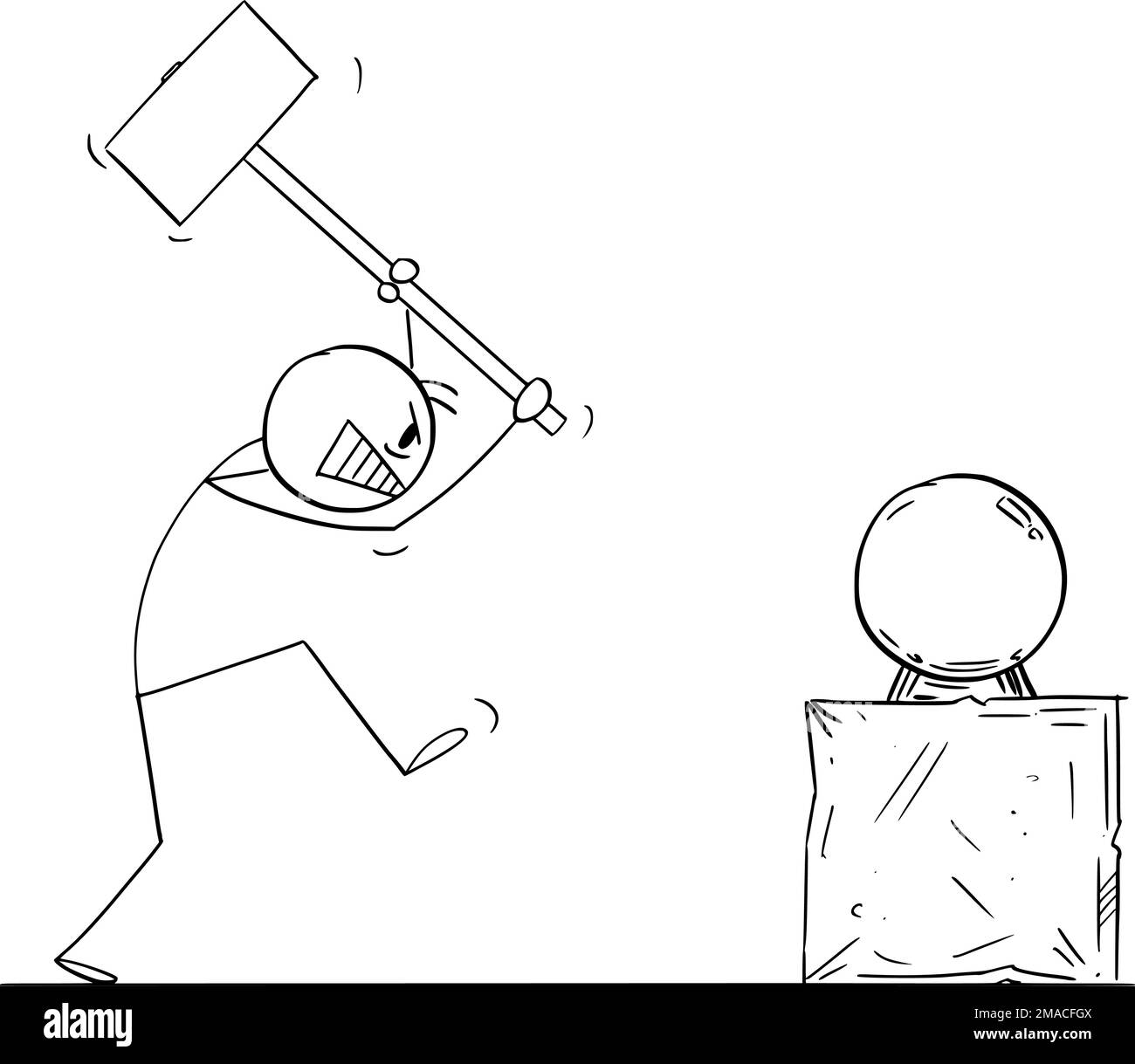 Person With Hammer Trying to Destroy Glass Ball, Vector Cartoon Stick Figure Illustration Stock Vector