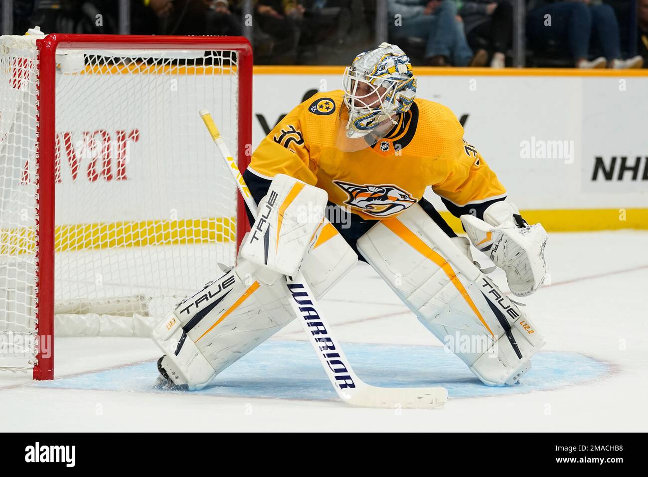 Nashville Predators goaltender Kevin Lankinen plays against the Tampa