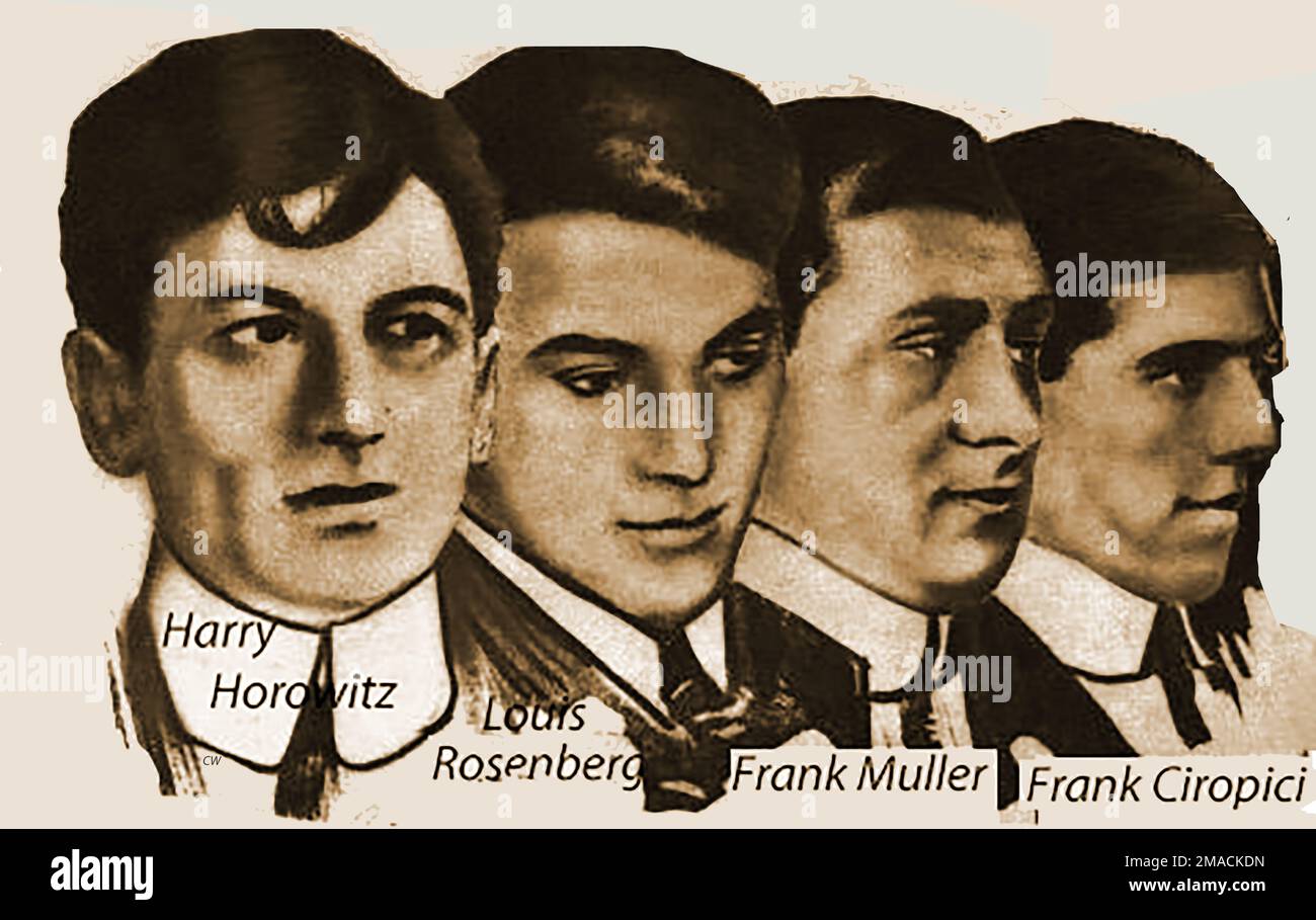 Portraits of the 4 hoodlums allegedly hired by  Lieutenant Becker of the New York Police &  who were executed with Lieutenant Becker for the murder of  Herman Rosenthal. The gangsters (Harry Horowitz), Lew Rosenberg, Frank Muller & Frank Ciropici) were evidently known in the underworld as Gyp the Blood, Whitey Lewis, Lefty Louie, and Dago Frank. Becker who was supposed to be heavily involved in the underworld himself is the only serving police officer in America to haver been executed for murder. Stock Photo