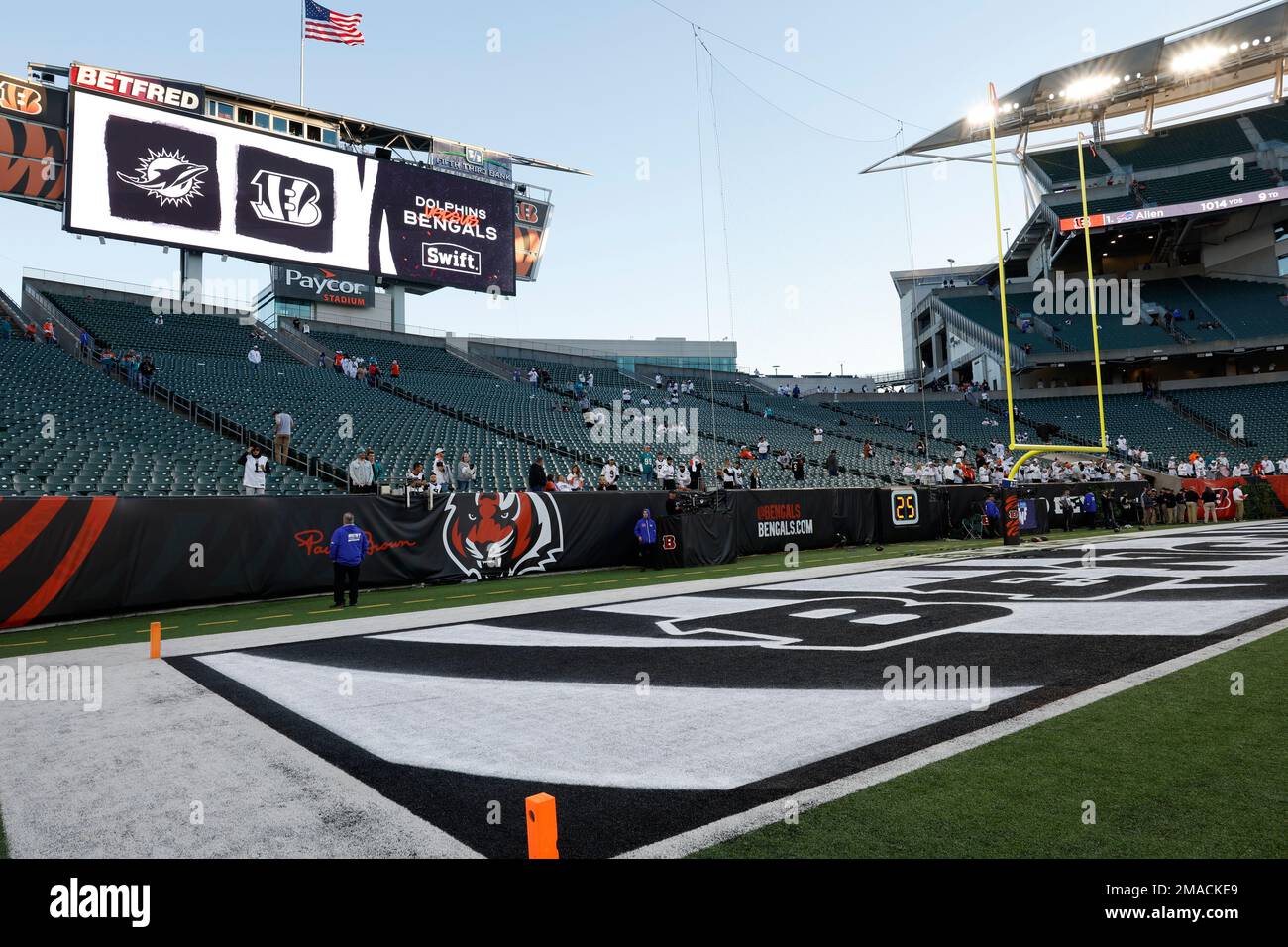 A general view of the Cincinnati Bengals end zone painted white and the  matchup on the scoreboard before an NFL football game against the Miami  Dolphins on Thursday, September 29, 2022, in