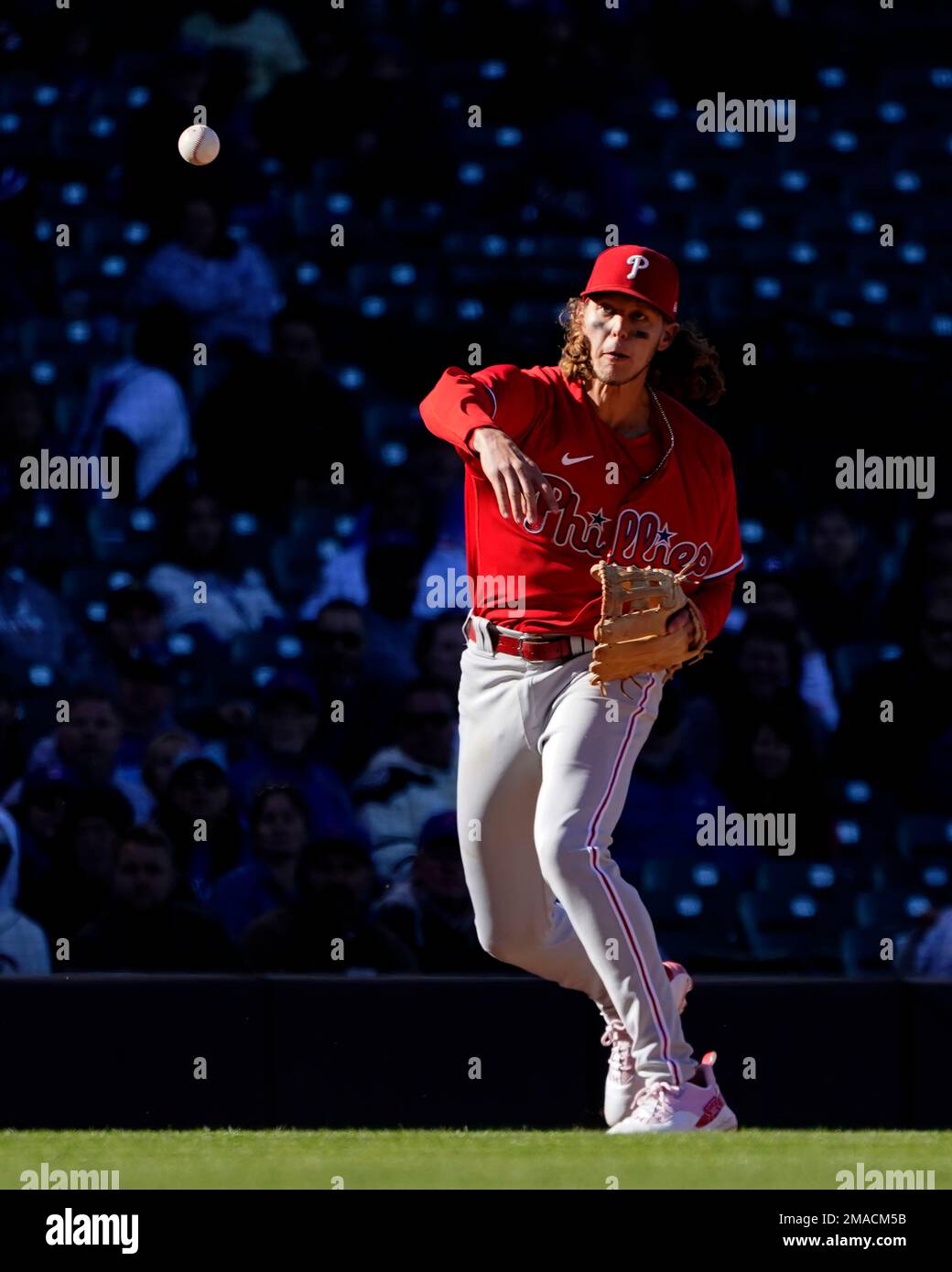 LOS ANGELES, CA - MAY 12: Philadelphia Phillies third baseman Alec Bohm  (28) looks on during a regular season game between the Los Angeles Dodgers  and Philadelphia Phillies on May 12, 2022