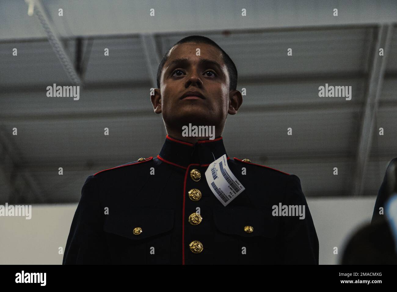 U.S Marine Corps recruit Jose Saldana with India Company, 3rd Recruit Training Battalion, tries on his uniform during his first uniform fitting at Marine Corps Recruit Depot, San Diego, May 25, 2022. Recruits are fitted several times throughout recruit training to ensure their uniforms are ready to be worn as Marines.Saldana was recruited out of Modesto, Calif. with Recruiting Station Sacramento. Stock Photo