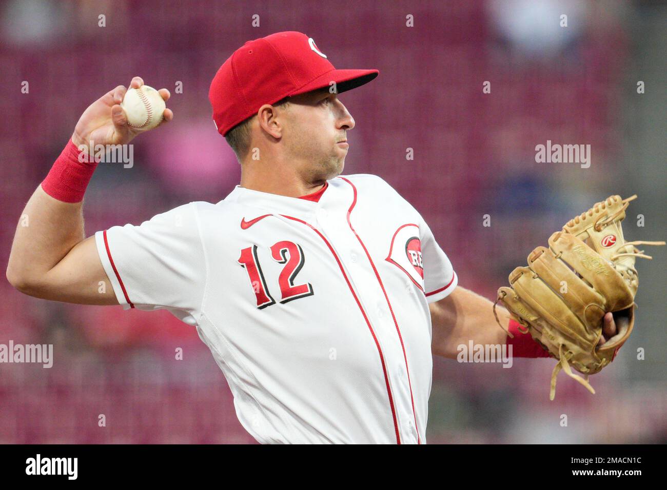 Cincinnati Reds third baseman Spencer Steer (12) plays during a