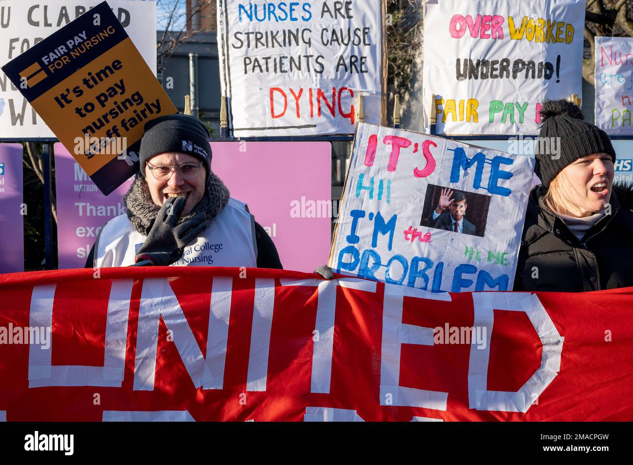 Nurses from the Royal College of Nursing strike for fairer pay and working conditions on a picket line outside Kings College Hospital NHS Trust, on 19th January 2023, in London, England. This is the second of two-day strike and another date in Britain's largest-ever industrial action by nurses in NHS history. Stock Photo