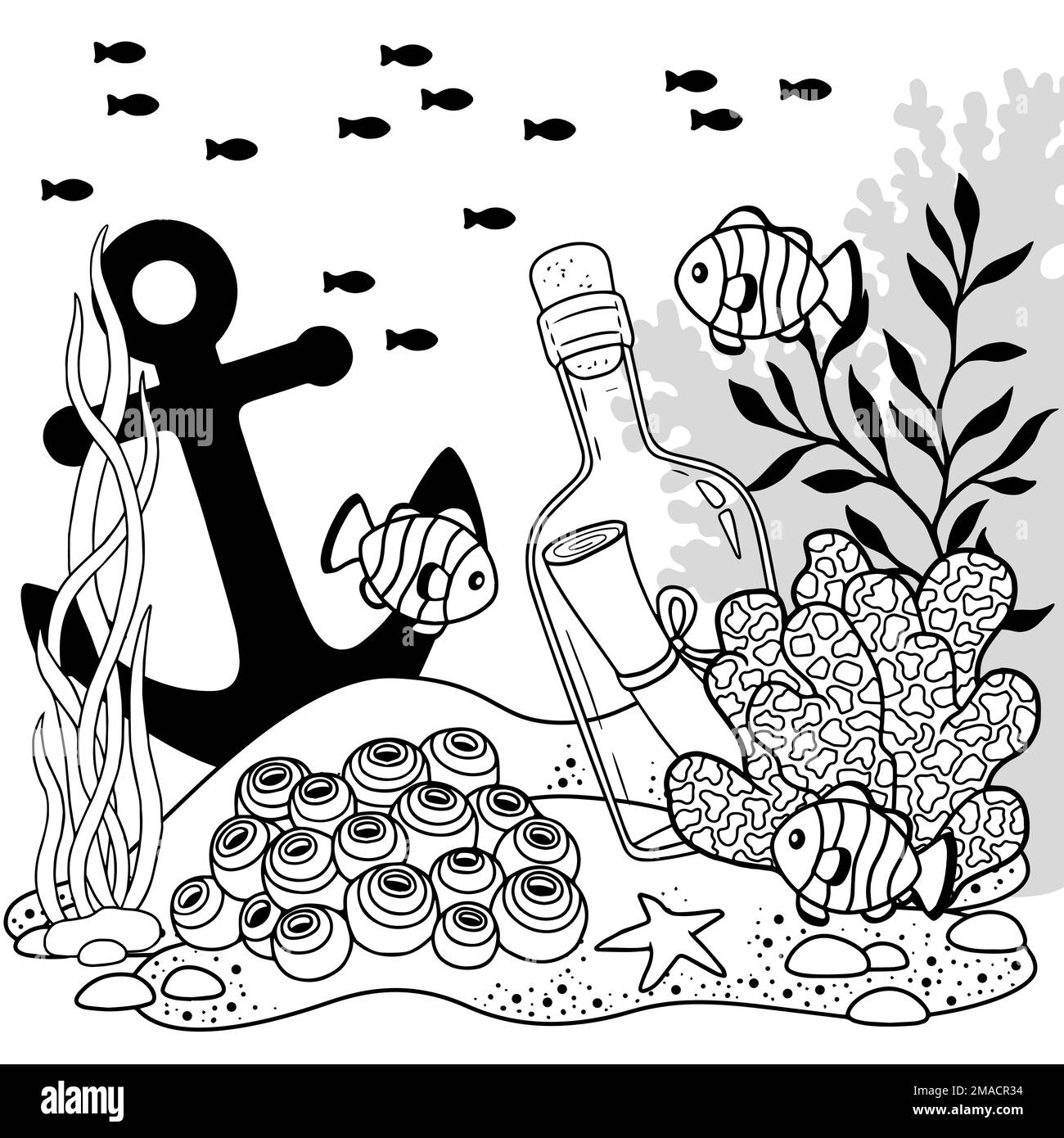 Vector coloring book page for adults. Black and white illustration of underwater life, sea creature, shell, algae and fish Stock Vector