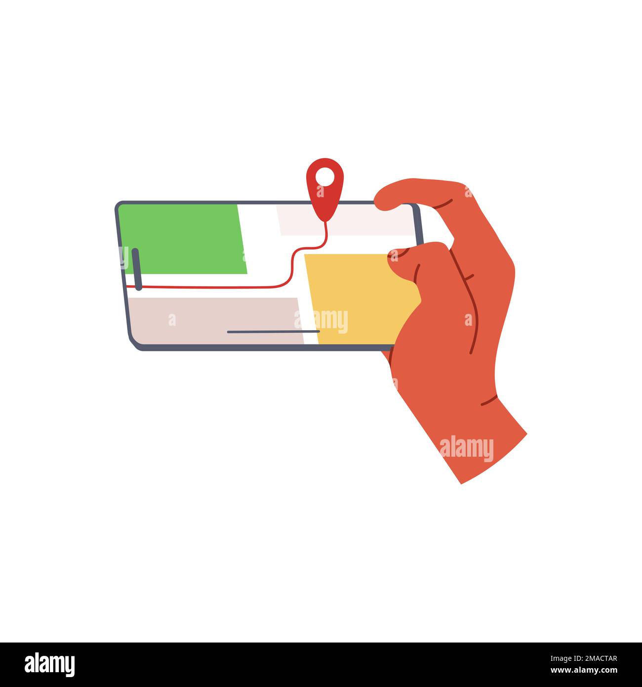 Hand holding phone with app for GPS navigation. Using smartphone screen with application for