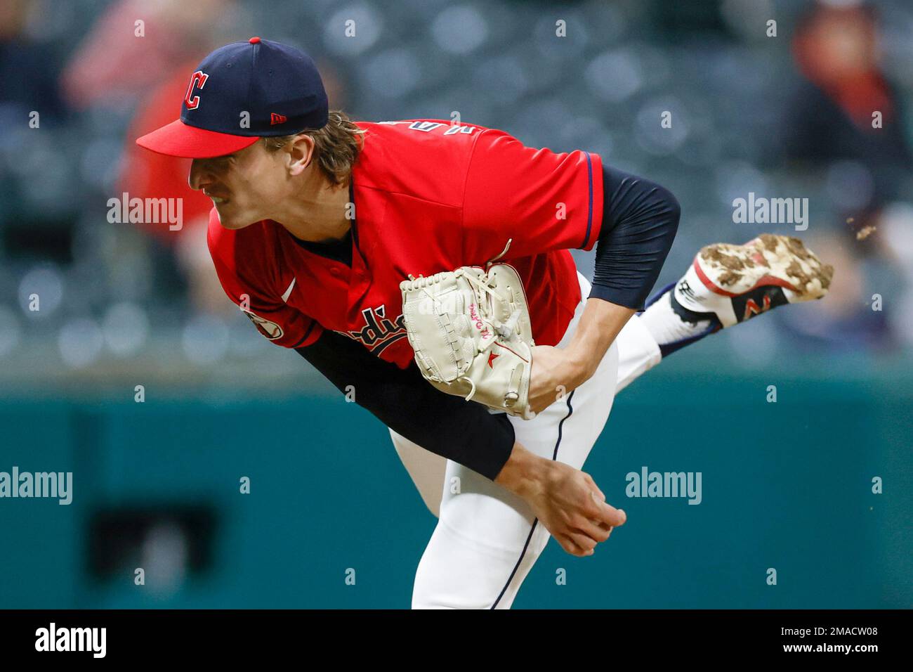 Cleveland Guardians relief pitcher James Karinchak delivers against the
