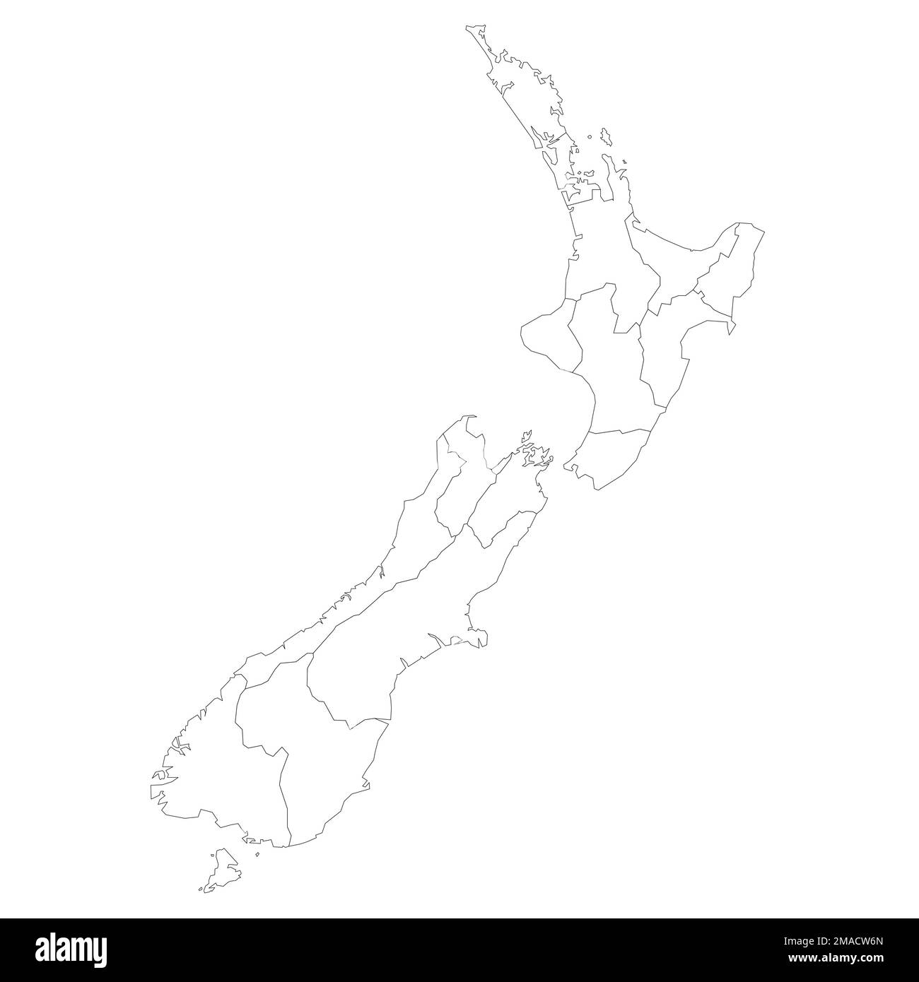 New Zealand political map of administrative divisions - regions. Blank outline map. Solid thin black line borders. Stock Vector