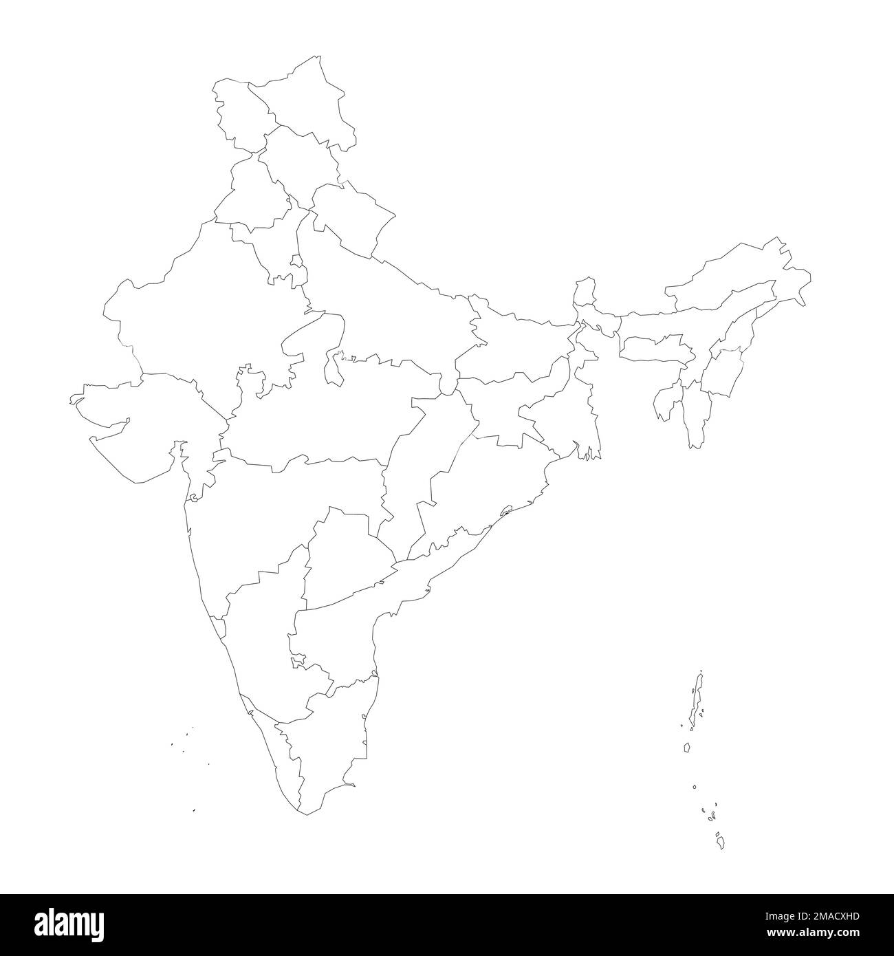 India political map of administrative divisions - states and union teritorries. Blank outline map. Solid thin black line borders. Stock Vector