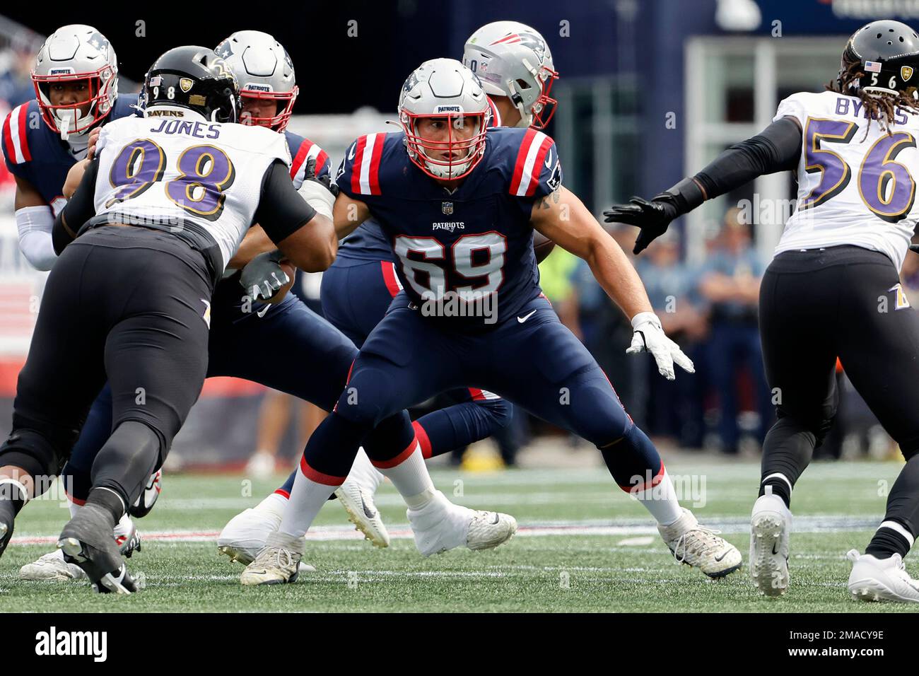 New England Patriots guard Cole Strange blocks against the Baltimore Ravens  during an NFL football game at Gillette Stadium, Sunday, Sunday, Sept. 24,  2022 in Foxborough, Mass. (Winslow Townson/AP Images for Panini