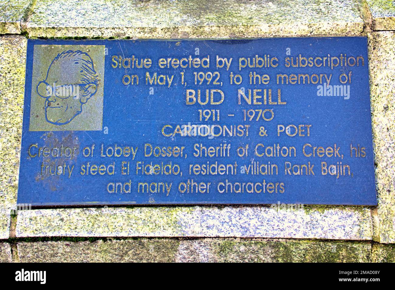 Plaque portrait  of world's only two-legged equestrian statue, of cartoon character Lobey Dosser, n Woodlands Road  celebrating cartoonist Bud Neil Stock Photo