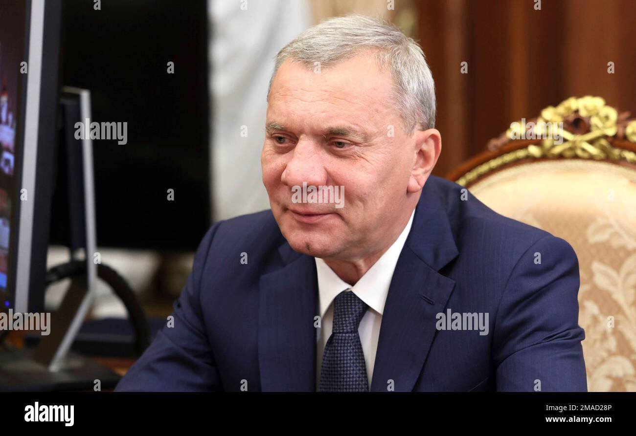 Moscow, Russia. 19th Jan, 2023. Roscosmos General Director Yury Borisov, during a face-to-face meeting with President Vladimir Putin at the Kremlin office, January 19, 2023 in Moscow, Russia. Credit: Mikhail Klimentyev/Kremlin Pool/Alamy Live News Stock Photo