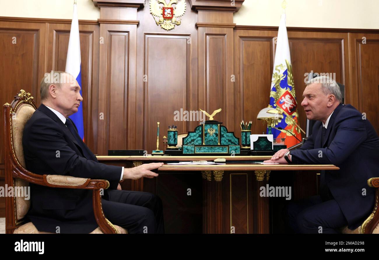 Moscow, Russia. 19th Jan, 2023. Russian President Vladimir Putin holds a face-to-face meeting with Roscosmos General Director Yury Borisov, right, at the Kremlin office, January 19, 2023 in Moscow, Russia. Credit: Mikhail Klimentyev/Kremlin Pool/Alamy Live News Stock Photo
