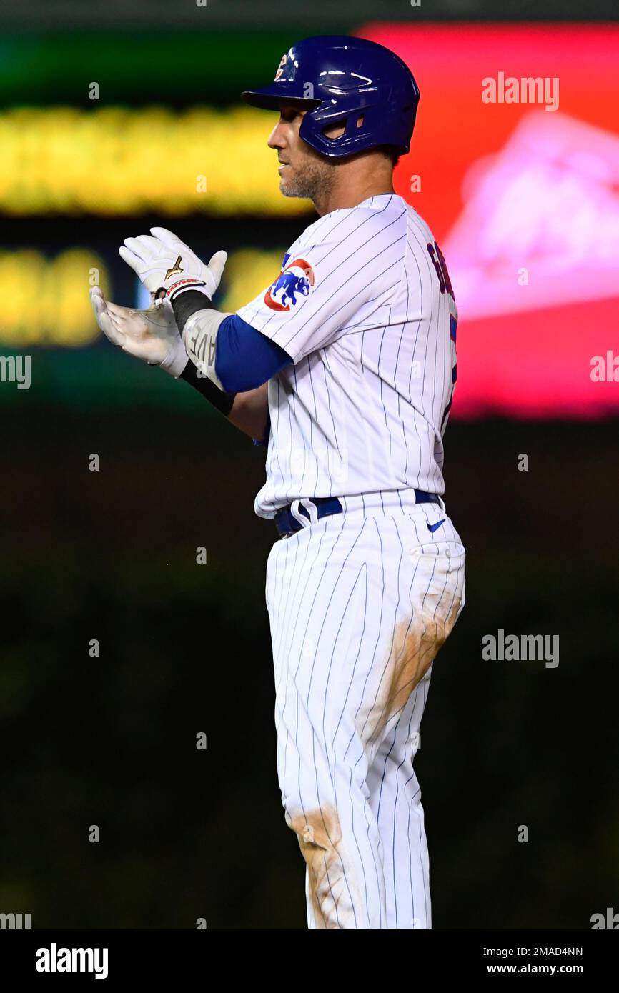 Chicago Cubs' Yan Gomes celebrates at second base after hitting an RBI  double during the seventh inning of the team's baseball game against the  Philadelphia Phillies on Tuesday, Sept. 27, 2022, in