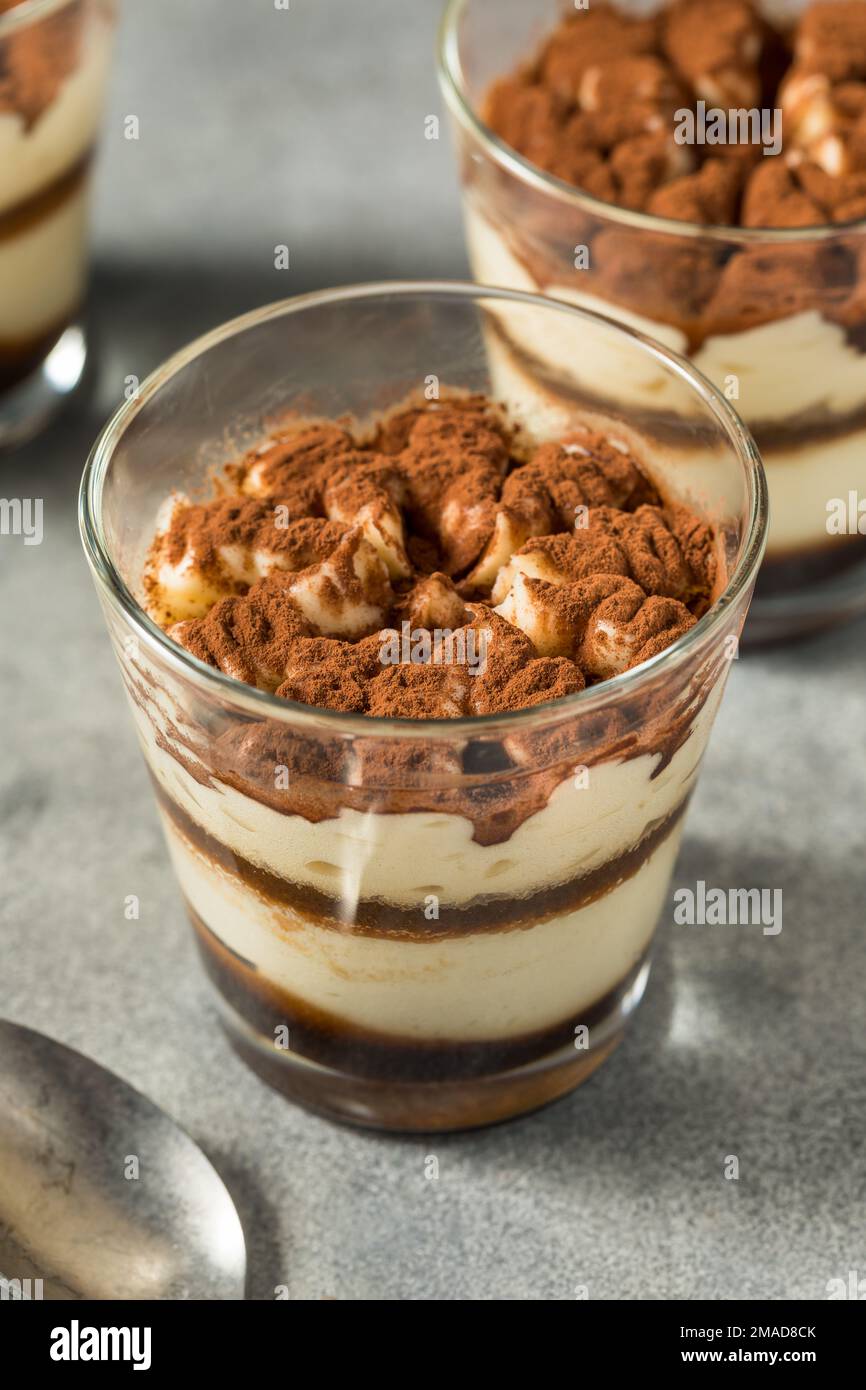 Homemade Italian Tiramisu Cups with Espresso and Mascarpone Stock Photo